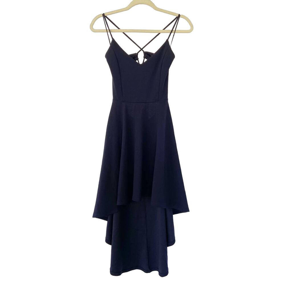 Windsor S Navy Blue High Low w/ Pockets Lace Up Open Back Flowy Cocktail Dress - Picture 2 of 8